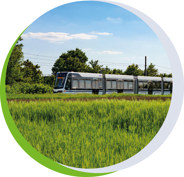 Eine Tram fährt durch eine grüne Landschaft